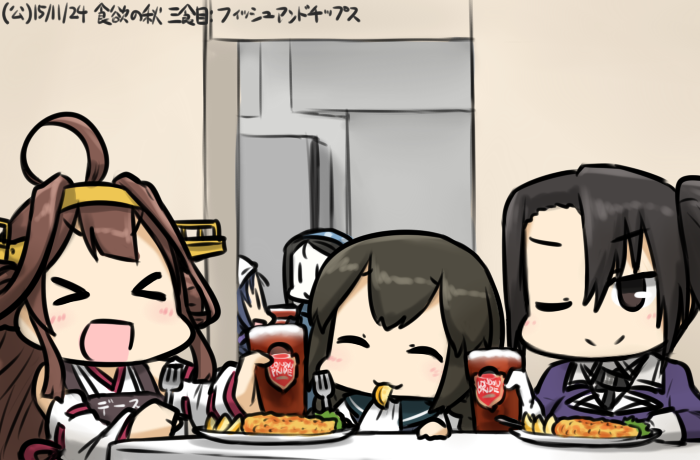 &gt;:) &gt;:d &gt;;) &gt;_&lt; 5girls :3 :d ahoge black_eyes closed_eyes dated eating fork hamu_koutarou headgear isonami_(kantai_collection) kantai_collection kongou_(kantai_collection) multiple_girls nachi_(kantai_collection) one_eye_closed open_mouth ru-class_battleship shinkaisei-kan side_ponytail smile suzukaze_(kantai_collection) translation_request xd