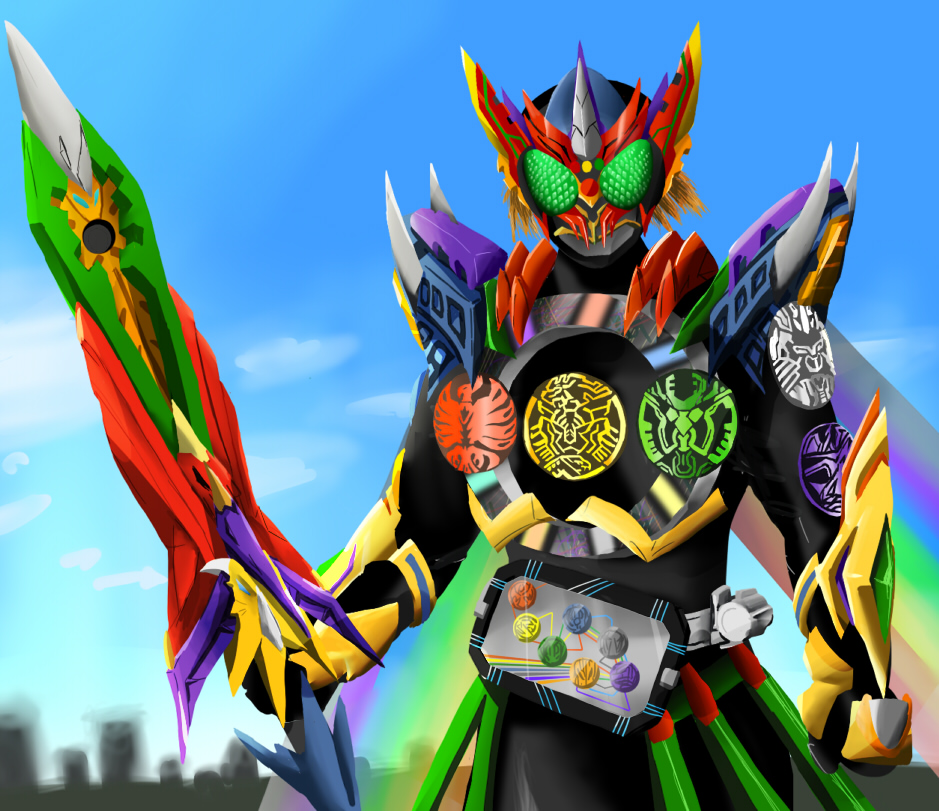 1boy alternate_costume armor gatakiriba_(ooo_combo) helmet kamen_rider kamen_rider_ooo kamen_rider_ooo_(series) kurosshu putotyra_(ooo_combo) ratoratah_(ooo_combo) rider_belt sagohzo_(ooo_combo) sword tatoba_(ooo_combo) weapon