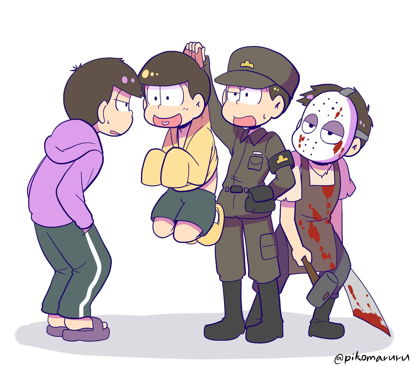 4boys apron armband arms_behind_back blood bloody_clothes boots brothers carrying dual_persona hands_in_pockets heart heart_in_mouth highres hockey_mask jitome machete male_focus matsuno_ichimatsu matsuno_juushimatsu matsuno_jyushimatsu messy_hair multiple_boys osomatsu-kun osomatsu-san pants pina710 sandals shorts siblings simple_background single_vertical_stripe sleeves_past_wrists slippers slouching smile sweatdrop torn_clothes track_pants twitter_username uniform white_background