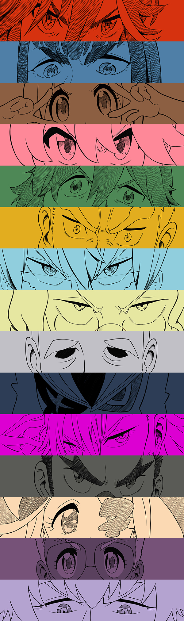 6+boys 6+girls close-up color_connection double_v eyepatch eyes gamagoori_ira glasses h0saki hair_between_eyes harime_nui highres hououmaru_rei inumuta_houka iori_shirou jakuzure_nonon kill_la_kill kinagase_tsumugu kiryuuin_ragyou long_image looking_at_viewer matoi_ryuuko mikisugi_aikurou monochrome multiple_boys multiple_girls persona persona_eyes sanageyama_uzu senketsu soroi_mitsuzou tareme tsurime v