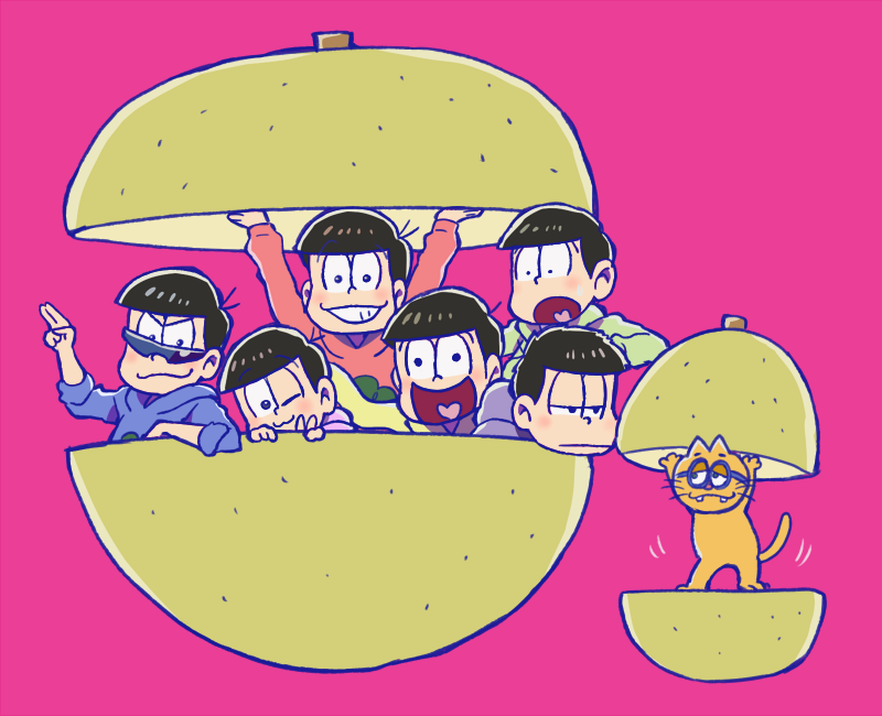 6+boys black_hair brothers cat esper_nyanko food fruit heart heart_in_mouth male_focus matsuno_choromatsu matsuno_ichimatsu matsuno_juushimatsu matsuno_jyushimatsu matsuno_karamatsu matsuno_osomatsu matsuno_todomatsu messy_hair multiple_boys one_eye_closed open_clothes osomatsu-kun osomatsu-san parody pear pink_background salute sazae-san sextuplets shinonoko_(tubamecider) siblings simple_background smile sunglasses two-finger_salute v