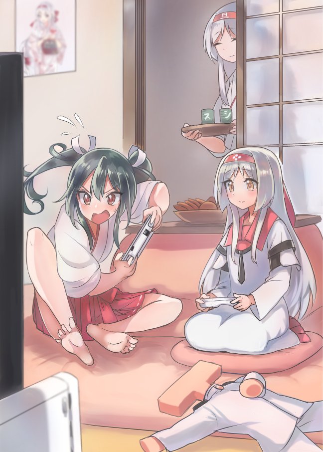 3girls admiral_(kantai_collection) bangs barefoot brown_eyes character_doll character_portrait closed_eyes commentary_request controller cookie cup cushion dress feet flying_sweatdrops food game_console game_controller green_hair hair_between_eyes hair_ribbon japanese_clothes kantai_collection kimono kotatsu mother_and_daughter multiple_girls playing_games ribbon seiza sensen shoukaku_(kantai_collection) siblings silver_hair sisters sitting sliding_doors smile soles t-head_admiral table tasuki tea teacup tray twintails wii_u yellow_eyes younger yukata yunomi zuikaku_(kantai_collection)