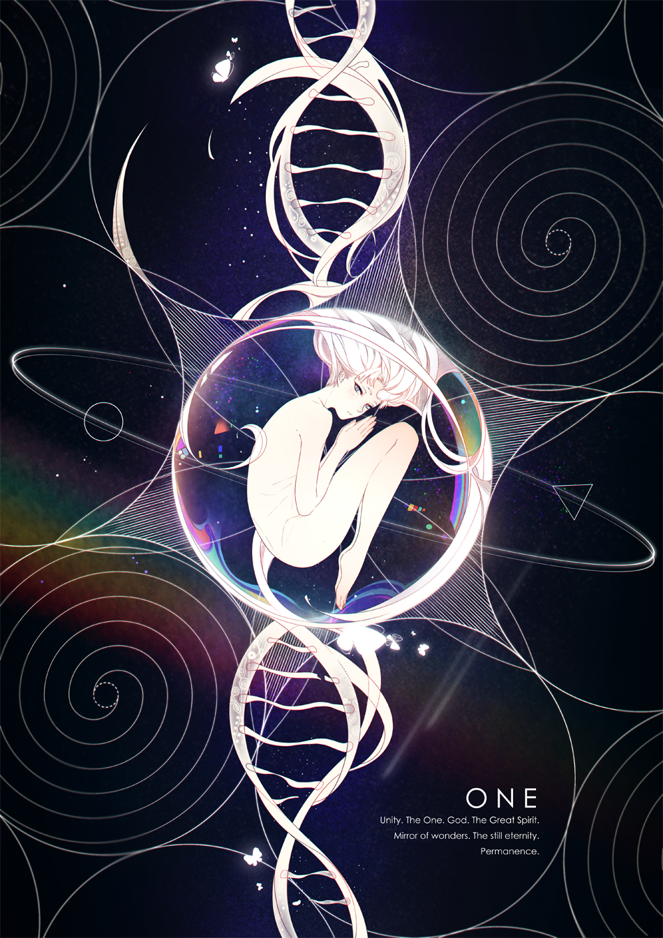 1girl barefoot bubble butterfly circle dna fetal_position floating_hair grey_eyes hands_together highres horn in_container long_hair looking_at_viewer nude original solo spiral text triangle white_hair white_skin zxs1103