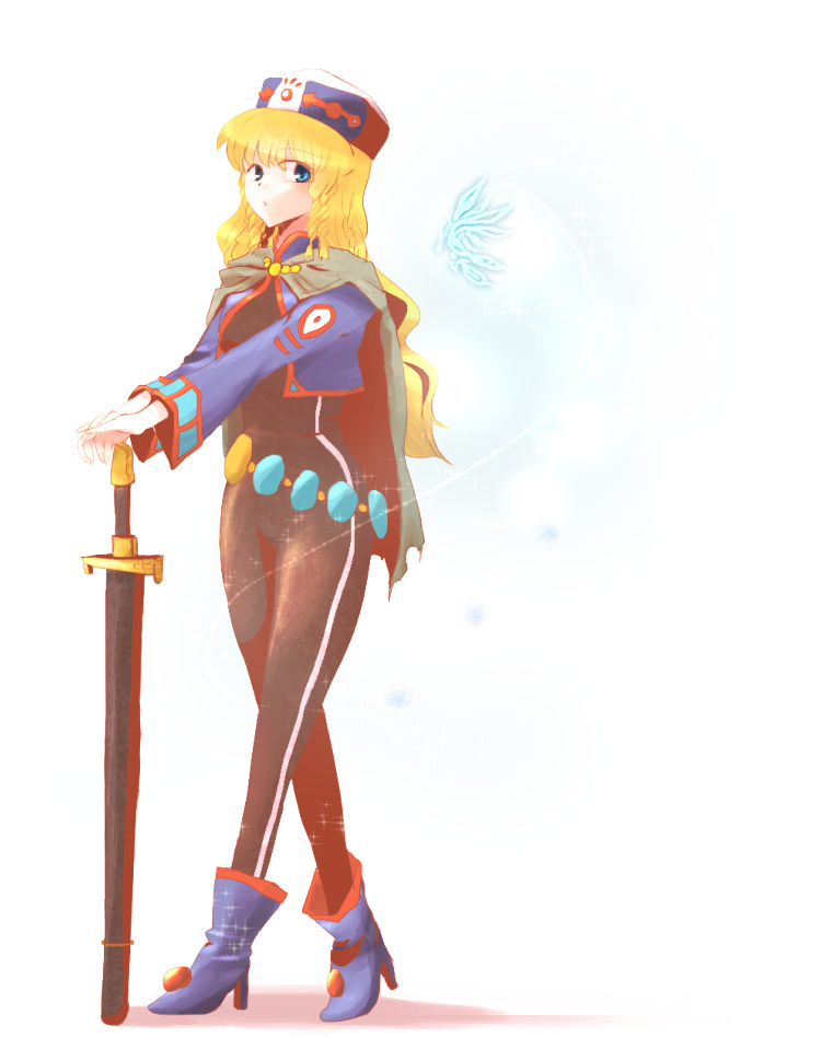 blonde_hair blue_eyes bodysuit breasts cape chloe_valens chloe_valens_(cosplay) cosplay hat jacket long_hair open_mouth shirley_fennes shoes sword tales_of_(series) tales_of_legendia weapon