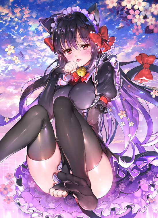 1girl :3 :p ahoge animal_ears bell between_thighs black_legwear black_panties blush bow breasts cat_ears cat_tail character_request feet female hair_bow hand_to_own_mouth jingle_bell large_breasts long_hair maid_headdress no_shoes official_art panties paw_pose puffy_sleeves purple_hair red_eyes repi987 ribbon shiny shiny_skin sleeves_past_wrists solo tail tail_bow thigh-highs tongue tongue_out underwear unleashed