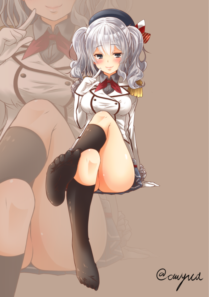 1girl ass bad_id beret black_legwear black_shirt blue_eyes blue_skirt blush bow breasts brown_background buttons collared_shirt epaulettes error female finger_to_face gloves hat hat_bow index_finger_raised invisible_chair kantai_collection kashima_(kantai_collection) kneehighs large_breasts military military_uniform miniskirt pleated_skirt red_ribbon ribbon shirt silver_hair simple_background sitting skirt solo thighs two_side_up uniform white_gloves yua_(checkmate)