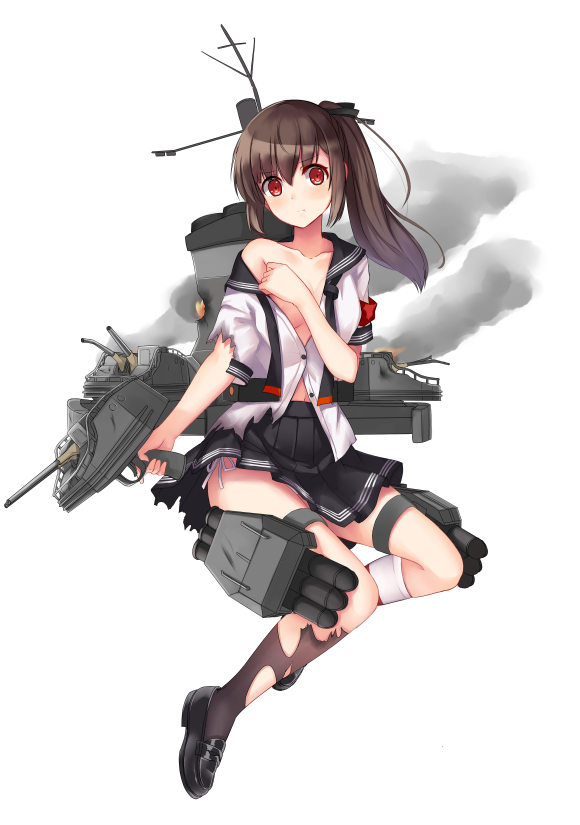 1girl :o allenes ayanami_(zhan_jian_shao_nyu) bare_shoulders black_ribbon black_skirt breasts brown_hair brown_legwear buttons cleavage collarbone covering covering_breasts fire full_body hair_ribbon holding kneehighs looking_at_viewer machinery mismatched_legwear off_shoulder panties pleated_skirt ponytail red_eyes ribbon sailor_collar school_uniform shikinami_(zhan_jian_shao_nyu) shirt short_hair short_sleeves side-tie_panties simple_background skirt smoke solo torn_clothes torn_kneehighs torn_shirt trigger_discipline turret underwear weapon white_background white_legwear white_panties white_shirt zhan_jian_shao_nyu