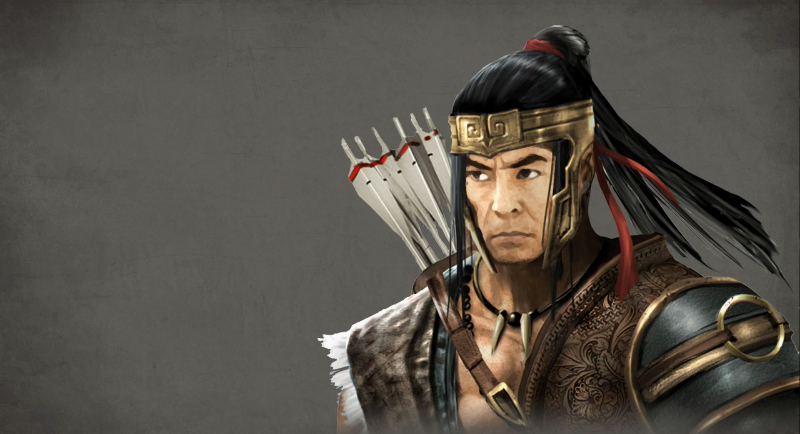 1boy arrow black_hair concept_art grey_background kung_jin long_hair mortal_kombat mortal_kombat_x official_art ponytail solo