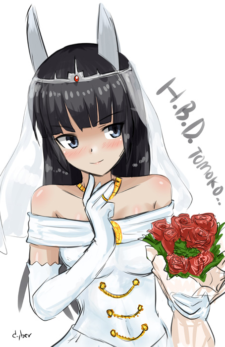 1girl anabuki_tomoko animal_ears bare_shoulders black_hair cyber_(cyber_knight) dress elbow_gloves gloves long_hair sketch solo strike_witches wedding_dress