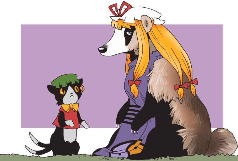 animal_request black_eyes blonde_hair bow bowtie cat chen chen_(cat) claws earrings grass green_hat hair_bow hat hat_ribbon jewelry long_hair looking_at_another looking_at_viewer mob_cap multiple_tails nekomata onikobe_rin purple_background red_vest ribbon sidelocks sitting smile tabard tail touhou two_tails violet_eyes yakumo_yukari yellow_sclera yin_yang