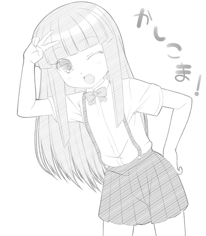 1girl bangs blunt_bangs blush bow furude_rika gaou hand_on_hip higurashi_no_naku_koro_ni long_hair monochrome one_eye_closed open_mouth skirt solo suspenders v white_background