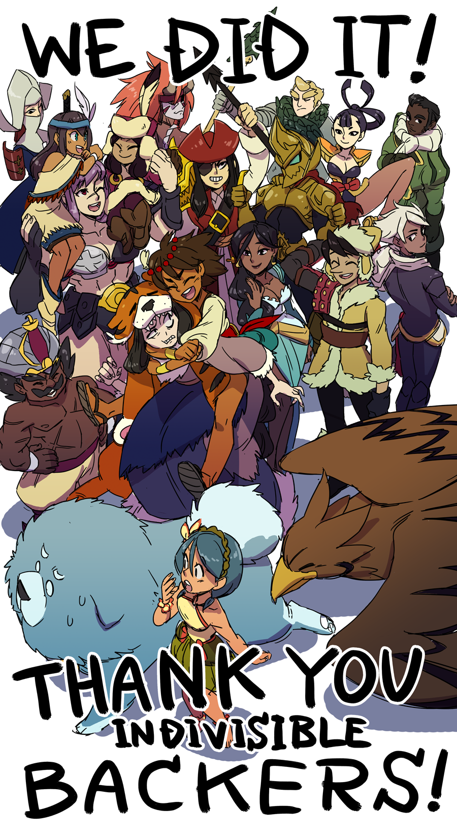 6+boys 6+girls ajna_(indivisible) altun_(indivisible) amputee anklet antoine_(indivisible) armor baozhai_of_the_black_jade barefoot bearhug bikini_armor bird black_eyes black_hair blue_hair brown_hair carrying_over_shoulder closed_eyes dark_skin dhar_(indivisible) dog dress everyone eyepatch facial_hair feathers george_(indivisible) grimace grin hand_behind_head haruka_(indivisible) hat hawk highres hug hug_from_behind indivisible jewelry kushi_(indivisible) lanshi_(indivisible) leilani leotard long_hair looking_at_viewer looking_back mariel_cartwright multiple_boys multiple_girls mustache naga_rider nuna_(indivisible) official_art one_eye_closed open_mouth pants pantyhose phoebe_(indivisible) purple_hair razmi_(indivisible) roti_(indivisible) sandals sash scar shirt short_hair sketch skirt smile standing tatanka_(indivisible) thorani_(indivisible) tiger_pelt toko_(indivisible) tungar white_hair yan_(indivisible) zebei_(indivisible)