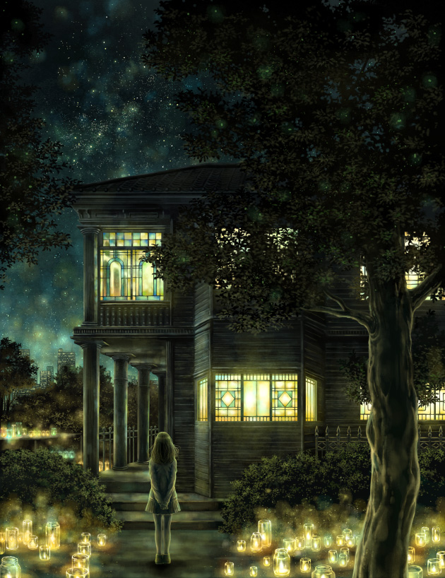 1girl arms_behind_back building candle facing_viewer from_behind house jar kazami_(kuroro) lights night night_sky original pillar scenery sky solo stained_glass standing star_(sky) starry_sky tree window