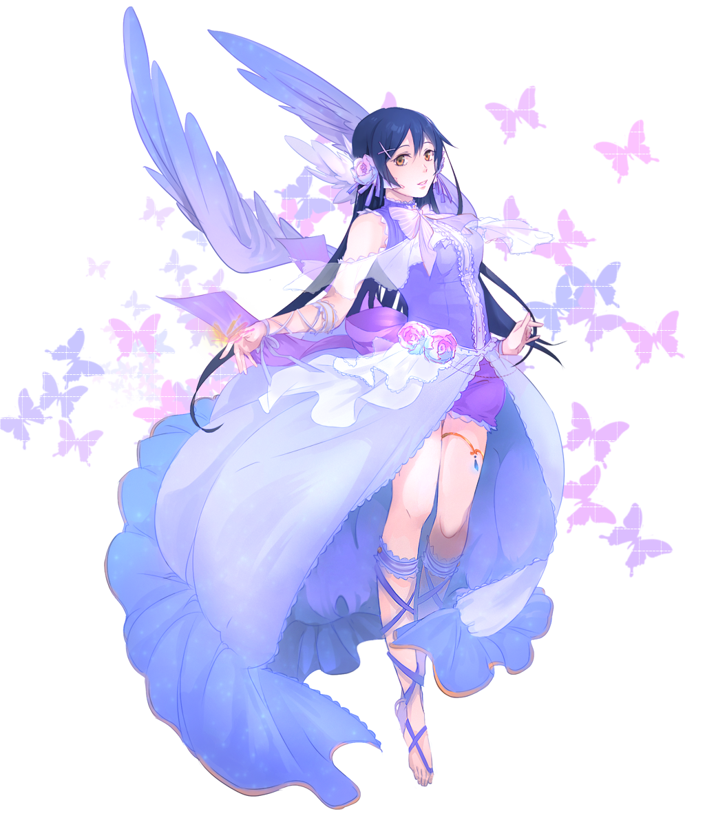 1girl ankle_lace-up barefoot black_hair butterfly center_frills cross-laced_footwear flower full_body hair_flower hair_ornament hairclip highres long_hair love_live! love_live!_school_idol_project overskirt parted_lips smile solo sonoda_umi thighlet transparent_background udo_(zzinya) wings x_hair_ornament yellow_eyes