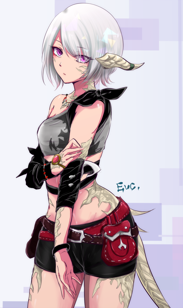 1girl artist_request asymmetrical_clothes au_ra dragon_tail female final_fantasy final_fantasy_xiv frown grey_hair horns looking_at_viewer midriff navel scales shorts silver_hair solo tail violet_eyes wide_hips