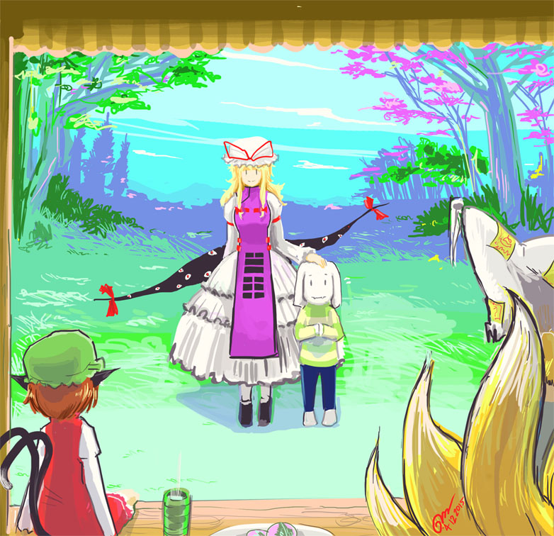 1boy 3girls animal_ears asriel_dreemurr black_shoes blonde_hair blue_pants blue_sky bow brown_hair cat_ears cat_tail chen clouds commentary crossover cup dated dress eyes flying_sweatdrops forest fox_tail from_behind gap gapangman grass green_hat hair_bow hat hat_ribbon height_difference long_hair mob_cap mountain multiple_girls multiple_tails nature outdoors pants pillow_hat plate red_dress red_eyes ribbon shirt shoes short_dress sidelocks signature silhouette sitting sky sleeveless sleeveless_dress smile solid_oval_eyes spoilers standing striped striped_shirt tabard tail teacup touhou tree two_tails undertale white_dress yakumo_ran yakumo_yukari