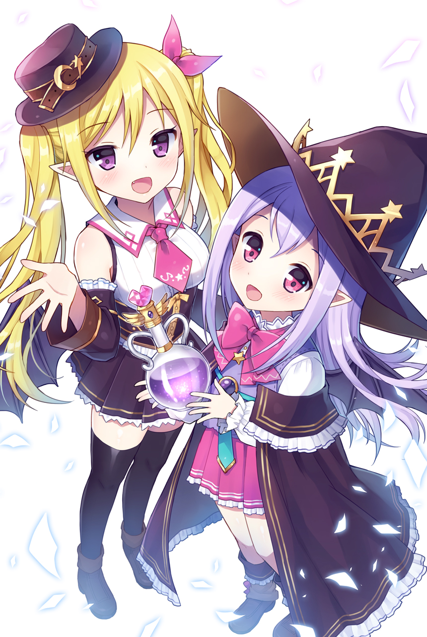 2girls :d bat_wings blonde_hair blush boots bow fang flask hair_ribbon hat highres long_hair looking_at_viewer mauve multiple_girls open_mouth pio_(potion_maker) pointy_ears potion_maker purple_hair ribbon simple_background smile thigh-highs tia_(potion_maker) twintails violet_eyes white_background wings witch_hat zettai_ryouiki