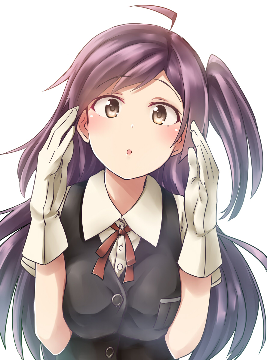1girl :o ahoge blouse blush breasts bright_background brown_eyes female gloves hagikaze_(kantai_collection) highres kamelie kantai_collection large_breasts long_hair looking_at_viewer neck_ribbon open_mouth purple_hair ribbon school_uniform shirt short_sleeves side_ponytail solo upper_body vest white_gloves yellow_eyes
