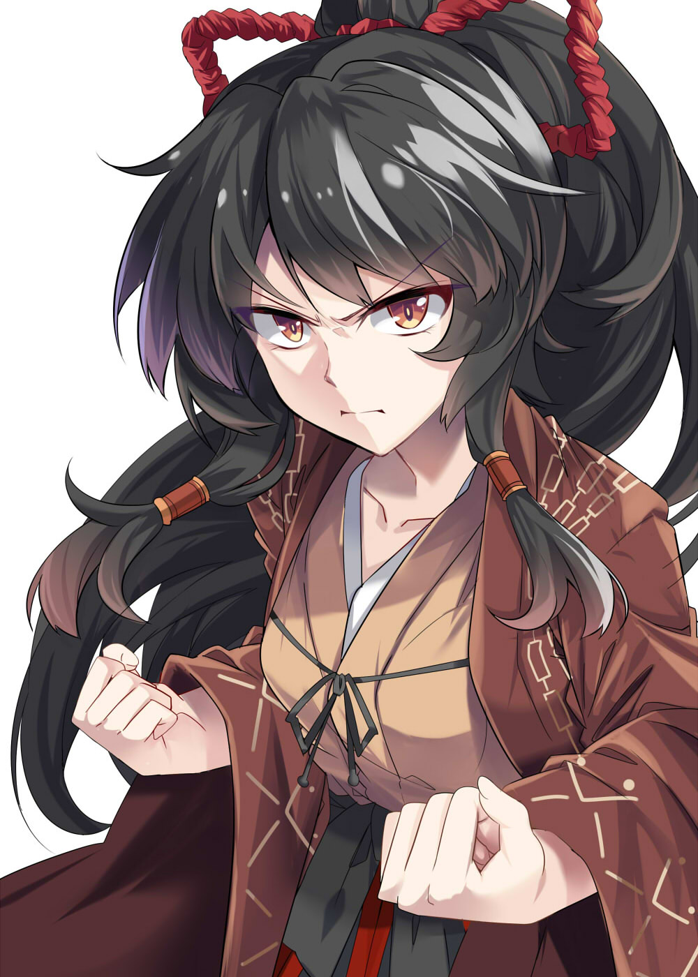 &gt;:( 1girl bangs black_hair blush breasts clenched_hands commentary_request e.o. frown hakama highres japanese_clothes kimono long_hair long_ponytail looking_at_viewer medium_breasts miko original ponytail red_eyes solo very_long_hair
