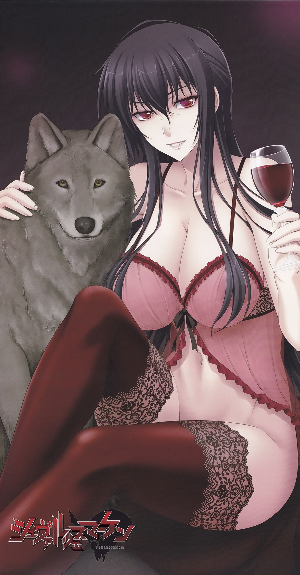 1girl babydoll beatrix_bremer breasts dark_hair large_breasts lingerie muvluv red_eyes schwarzesmarken underwear wine wolf