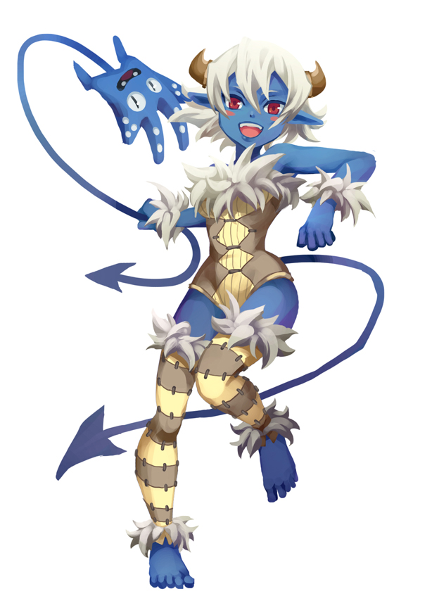 1girl barefoot blue_skin blush breasts dark.h detached_leggings fur_trim horns osamodas osamodas_f pointy_ears smile stitches striped_legwear tail thigh-highs wakfu white_hair