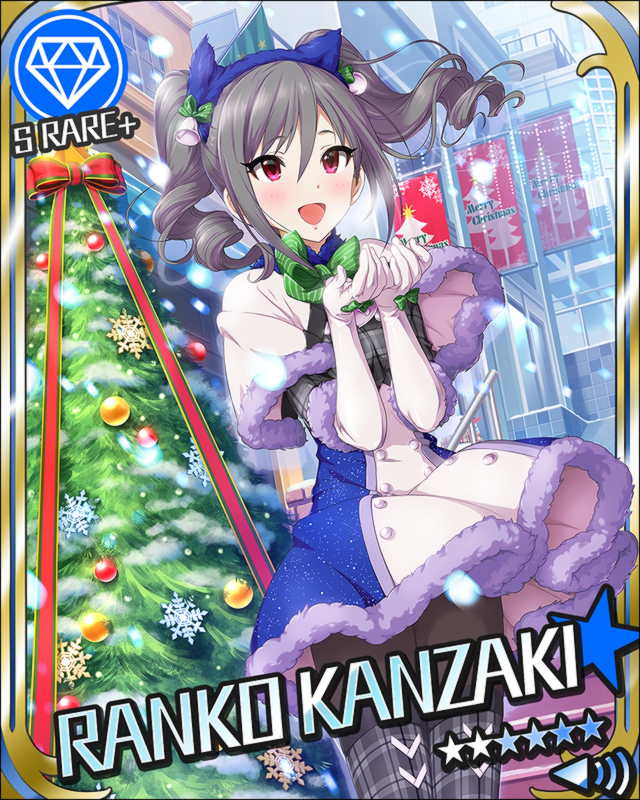 1girl artist_request blush card_(medium) character_name christmas christmas_tree diamond_(symbol) drill_hair elbow_gloves gloves idolmaster idolmaster_cinderella_girls kanzaki_ranko official_art pantyhose red_eyes show silver_hair snow solo thigh-highs twin_drills twintails winter winter_clothes
