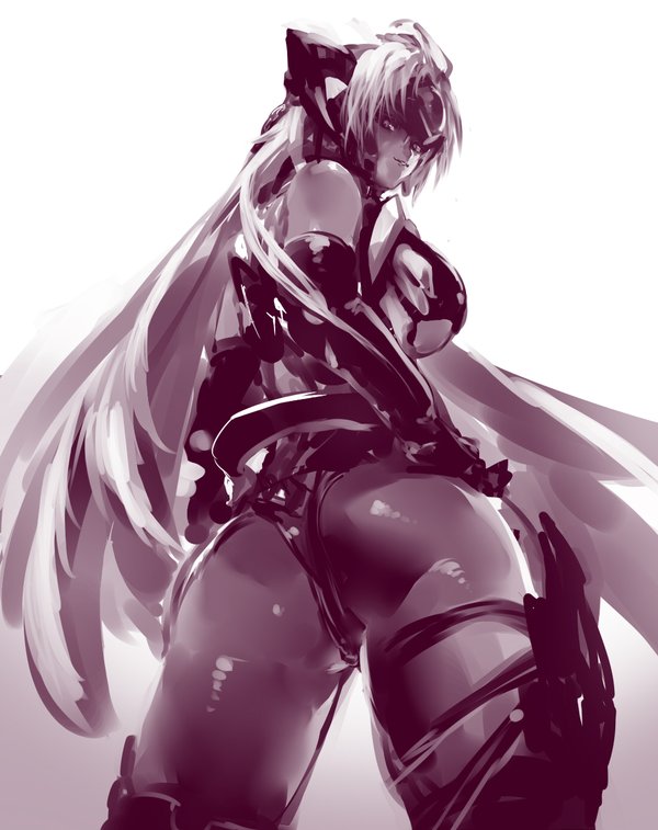 1girl ass breasts female large_breasts long_hair looking_at_viewer looking_back monochrome negresco sketch t-elos xeno_(series) xenosaga