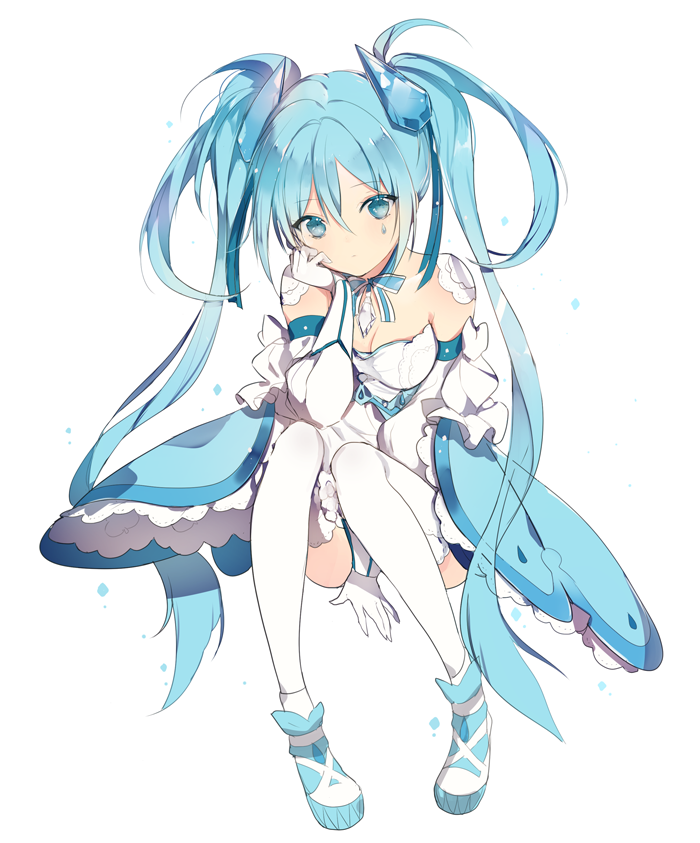 1girl arm_support between_legs blue_eyes blue_hair blue_ribbon blue_shoes breasts choker cleavage diamond dress elbow_gloves frills full_body gem gloves hair_between_eyes hand_between_legs hand_on_own_cheek hatsune_miku jewelry long_hair looking_at_viewer lp_(hamasa00) lpip ribbon shoes shoulder_pads simple_background solo strapless strapless_dress tears thigh-highs twintails very_long_hair vocaloid white_background white_dress white_gloves white_legwear