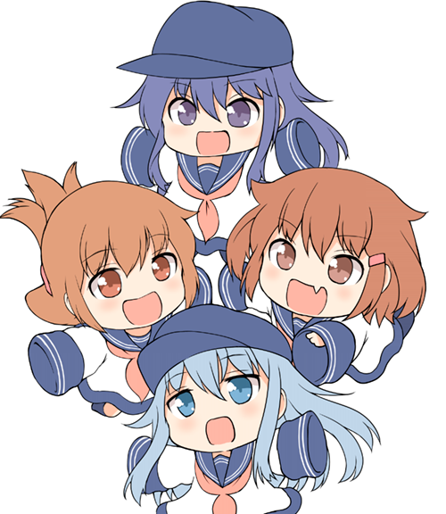 4girls :d akatsuki_(kantai_collection) black_legwear blue_eyes brown_eyes brown_hair commentary_request dress fang flat_cap folded_ponytail hair_ornament hairclip hat hibiki_(kantai_collection) ikazuchi_(kantai_collection) inazuma_(kantai_collection) kantai_collection kotanuki_(kotanukiya) kotanuki_329 long_hair long_sleeves multiple_girls neckerchief open_mouth ponytail purple_hair sailor_collar sailor_dress short_hair silver_hair sleeves_past_wrists smile younger