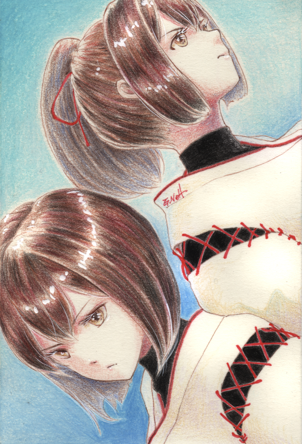 2girls brown_eyes brown_hair commentary hair_ribbon highres hyuuga_(kantai_collection) ise_(kantai_collection) kantai_collection looking_to_the_side millipen_(medium) multiple_girls nontraditional_miko ponytail portrait red_ribbon ribbon short_hair skin_tight tesun_(g_noh) traditional_media watercolor_pencil_(medium)