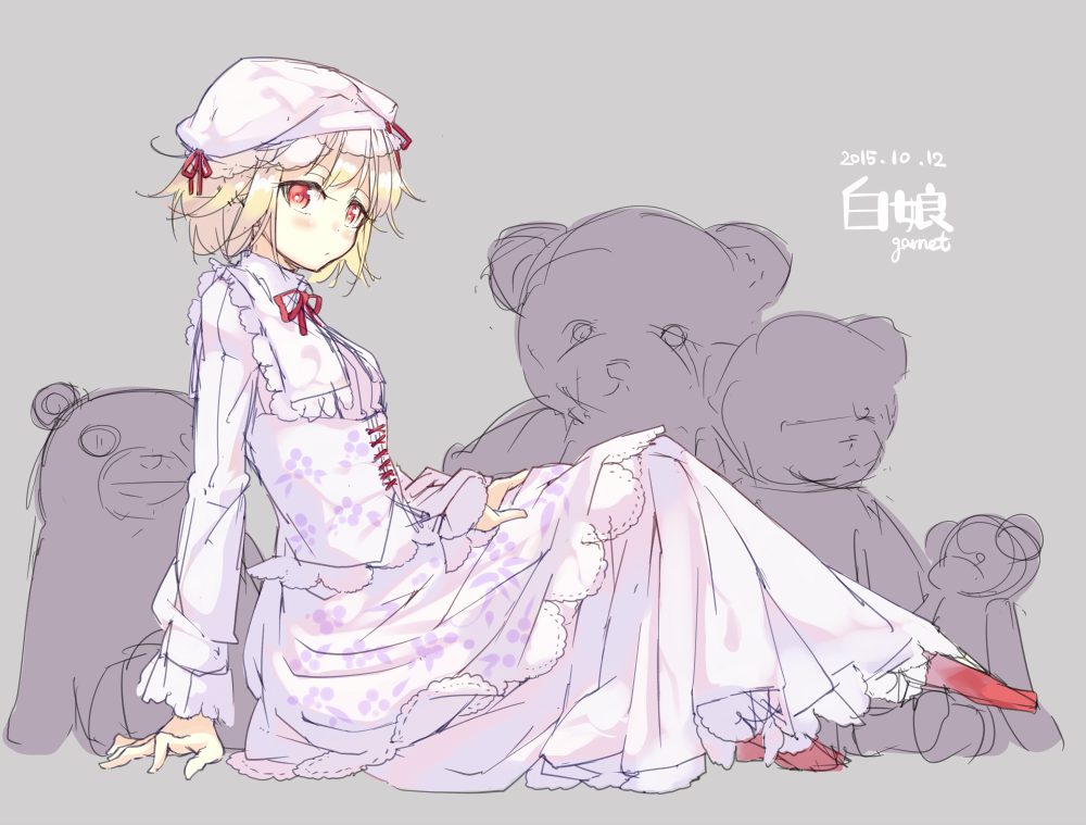 1girl arm_support blonde_hair dated dress frills garnet hand_on_own_knee looking_at_viewer original red_eyes short_hair sketch solo stuffed_animal stuffed_toy teddy_bear