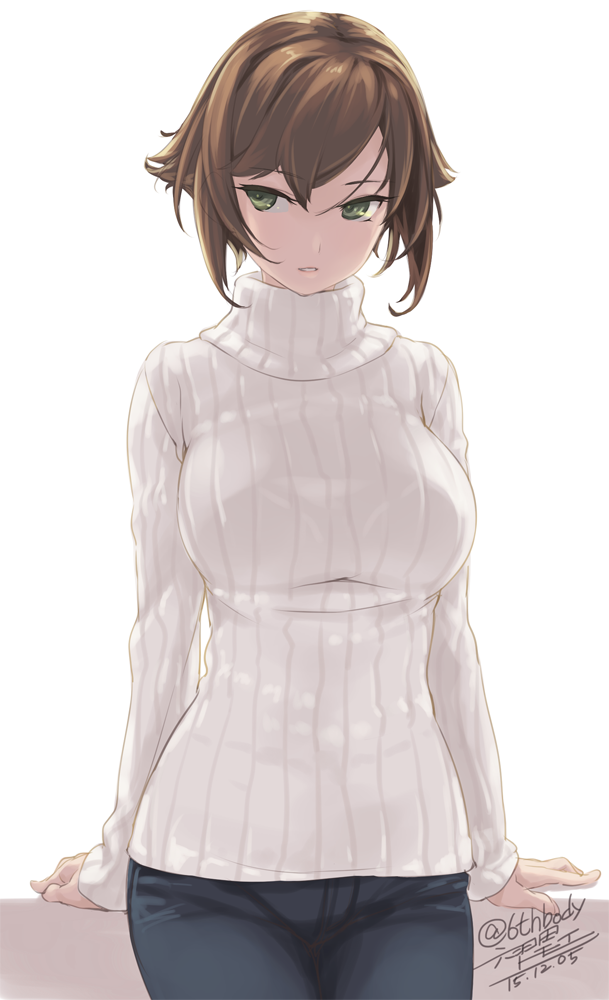 1girl arm_support artist_name breasts brown_hair cowboy_shot dated denim female green_eyes jeans kantai_collection large_breasts leaning leaning_back long_sleeves looking_to_the_side mutsu_(kantai_collection) pants parted_lips ribbed_sweater rokuwata_tomoe short_hair simple_background solo sweater turtleneck twitter_username white white_background