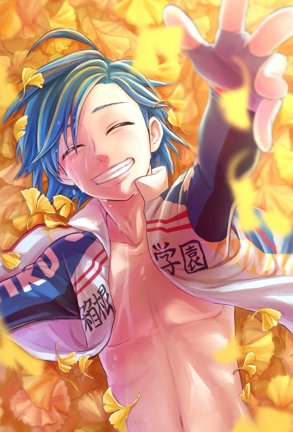 1boy :d ^_^ ahoge arm_up autumn_leaves biker_clothes blue_hair closed_eyes collarbone fingerless_gloves foreshortening ginkgo ginkgo_leaf gloves highres lying ma_san_yp manami_sangaku on_back open_clothes open_mouth open_shirt shirt smile stomach sweat sweatdrop wet yowamushi_pedal