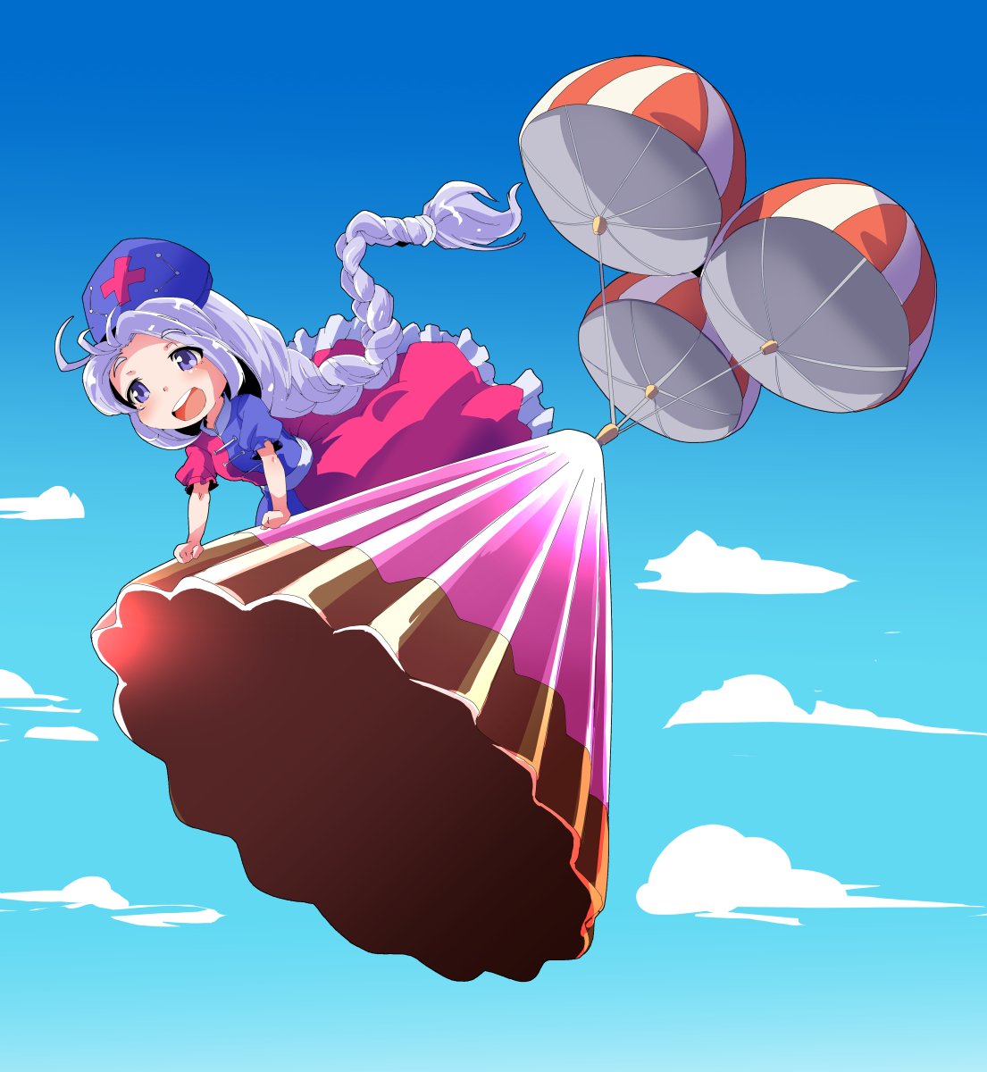 1girl :d absurdly_long_hair ahoge blue_dress blue_eyes blue_hat blue_sky braid clouds dress food hat highres long_hair multicolored multicolored_clothes multicolored_dress nurse_cap open_mouth parachute pudding puffy_short_sleeves puffy_sleeves red_cross red_dress shinapuu short_sleeves silver_hair single_braid sky smile solo touhou very_long_hair yagokoro_eirin