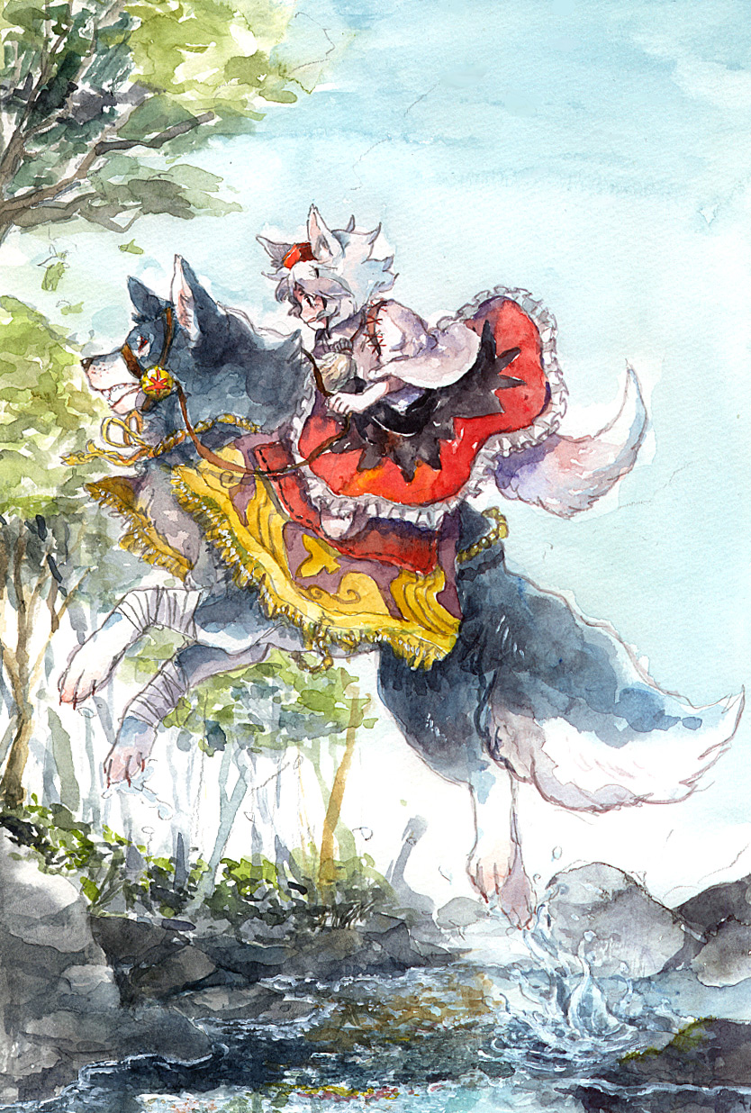animal_ears detached_sleeves gogo/tad hat highres inubashiri_momiji riding short_hair tail tokin_hat touhou traditional_media white_hair wolf wolf_ears wolf_tail