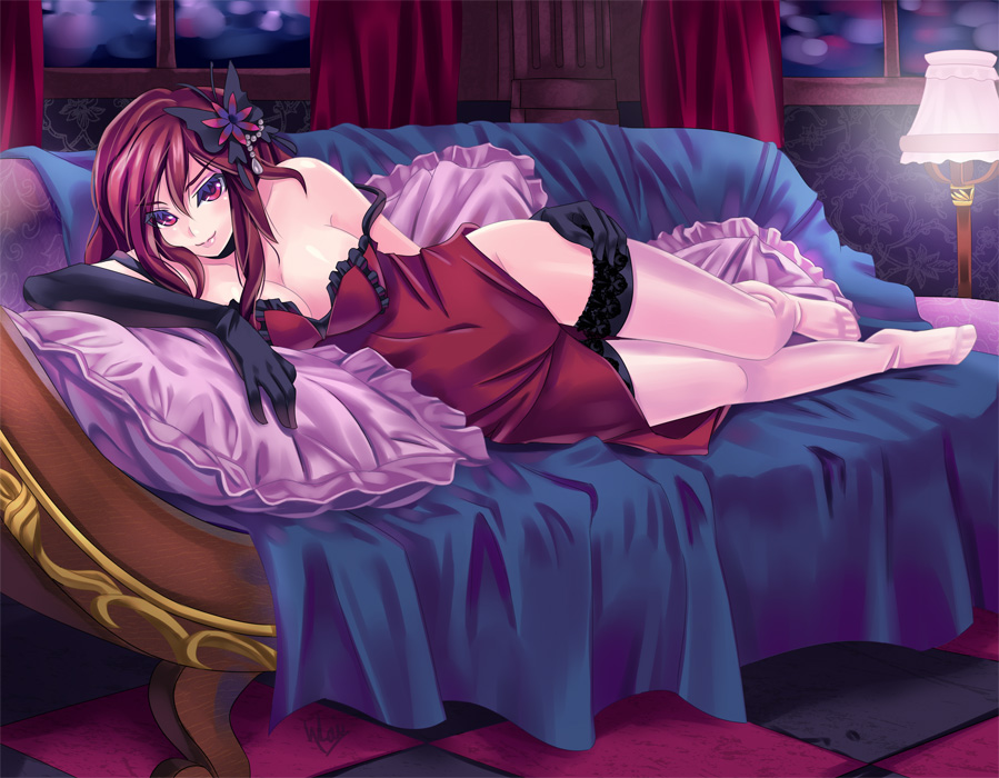 bedroom black_gloves breasts butterfly_hair_ornament checkered checkered_floor cleavage couch curtains dress elbow_gloves garters gloves hair_ornament kaizeru lace lace-trimmed_thighhighs lamp large_breasts lips long_hair looking_at_viewer lying naughty_face no_bra on_side pantyhose pillow pink_eyes red_hair redhead solo strap_slip thigh-highs thigh_gap thighhighs