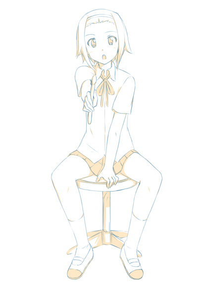 :o hamao headband k-on! looking_at_viewer monochrome school_uniform short_hair sitting solo stool tainaka_ritsu tomboy