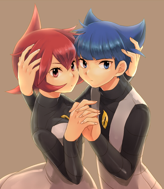 1girl bad_id blue_eyes blue_hair couple hand_holding hands holding_hand holding_hands mars_(pokemon) pokemon red_eyes red_hair redhead saturn_(pokemon) short_hair team_galactic tr uniform