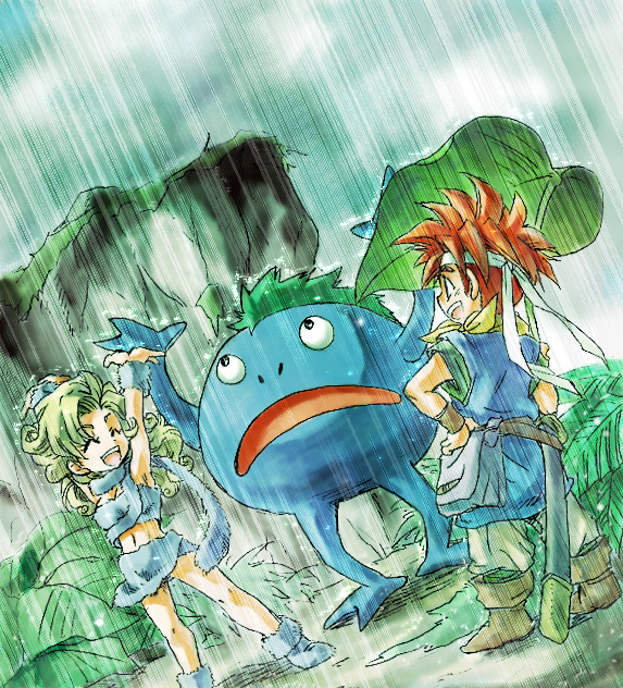 beso_(pixiv598774) bessend bessend_(pixiv598774) blonde_hair chrono_trigger closed_eyes cloud clouds crono headband leaf nu open_mouth rain smile