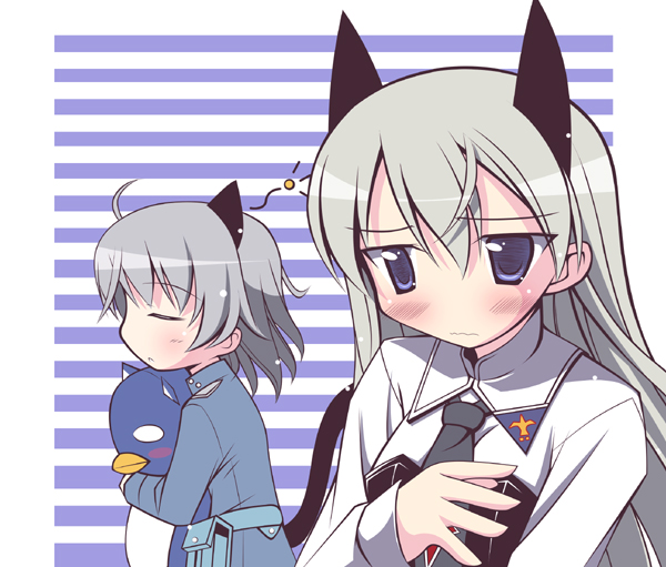 animal_ears blue_eyes blush cat_ears cat_tail cosplay costume_switch eila_ilmatar_juutilainen eila_ilmatar_juutilainen_(cosplay) iwa_(alpaca_oukoku) military military_uniform multiple_girls sanya_v_litvyak sanya_v_litvyak_(cosplay) short_hair silver_hair strike_witches tail uniform
