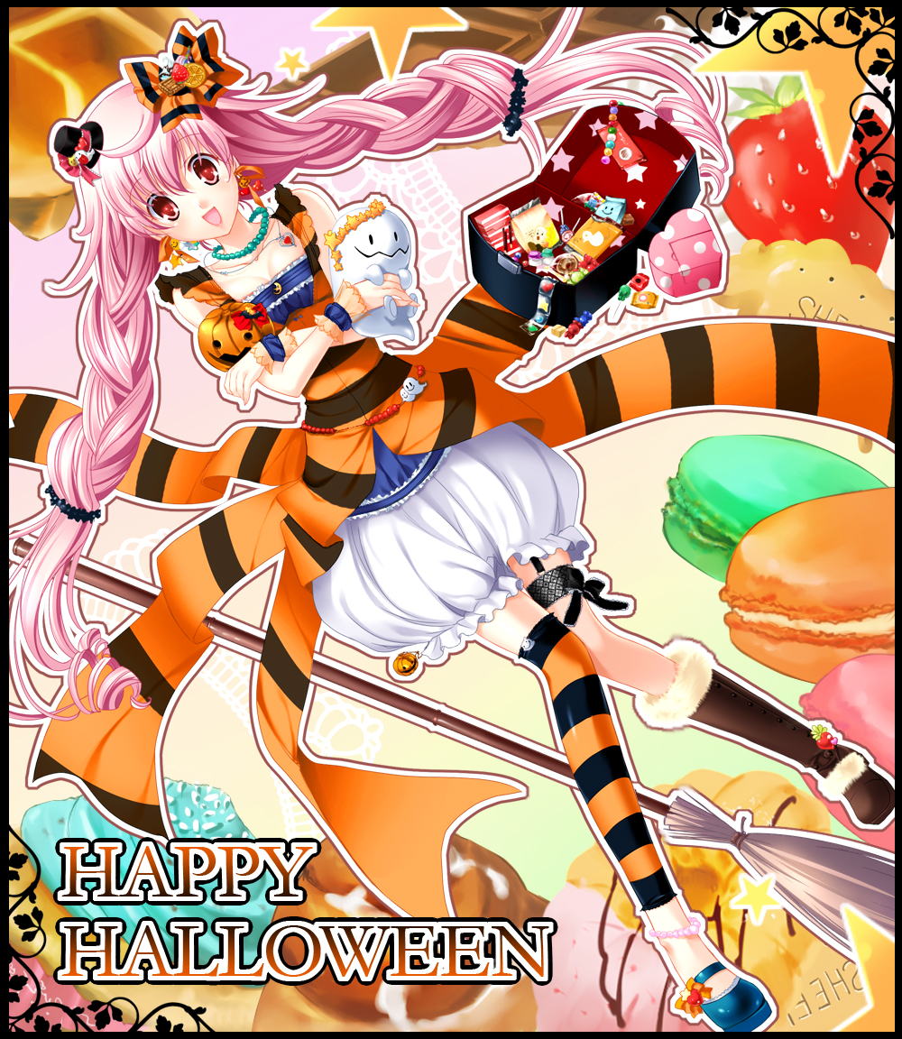 asymmetrical_clothes bad_id boots bow braid broom candy food food_themed_clothes fruit futaori_arisa garters ghost hair_bow halloween hat jewelry long_hair macaron mini_top_hat mismatched_footwear orange_(color) pink_hair red_eyes strawberry striped thighhighs top_hat twin_braids