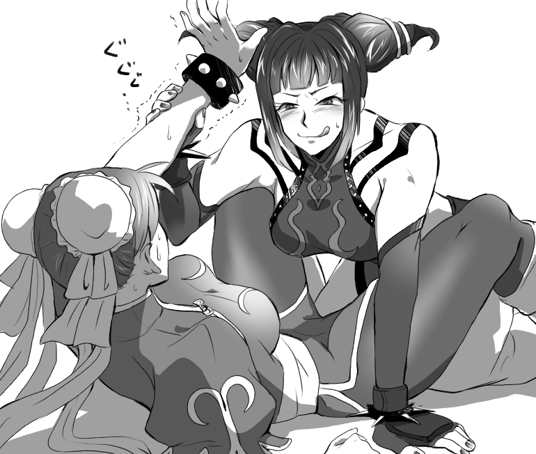 2girls bracelet breasts capcom chinese_clothes chun-li detached_sleeves double_bun drill_hair fingerless_gloves gloves greyscale halter_top halterneck han_juri jewelry licking_lips monochrome multiple_girls on_floor overpowering pantyhose rape_face smile spiked_bracelet spikes street_fighter street_fighter_iv street_fighter_iv_(series) super_street_fighter_iv takehana tongue tongue_out twin_drills wrist_grab you_gonna_get_raped yuri
