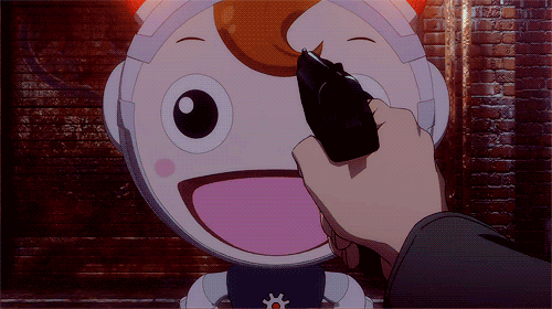 :d animated animated_gif bangs blush face gun holding holding_weapon hologram no_humans open_mouth psycho-pass smile wall weapon