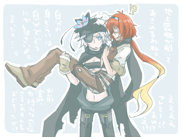 1boy 1girl adlet_myer armor belt blue_eyes boots bra breasts cape carrying cleavage eyepatch flamie_speeddraw flower grey_background hairband long_hair midriff multicolored_hair navel open_mouth pants pantyhose redhead rokka_no_yuusha scarf shoes short_hair short_shorts shorts tom. under_boob underwear white_hair