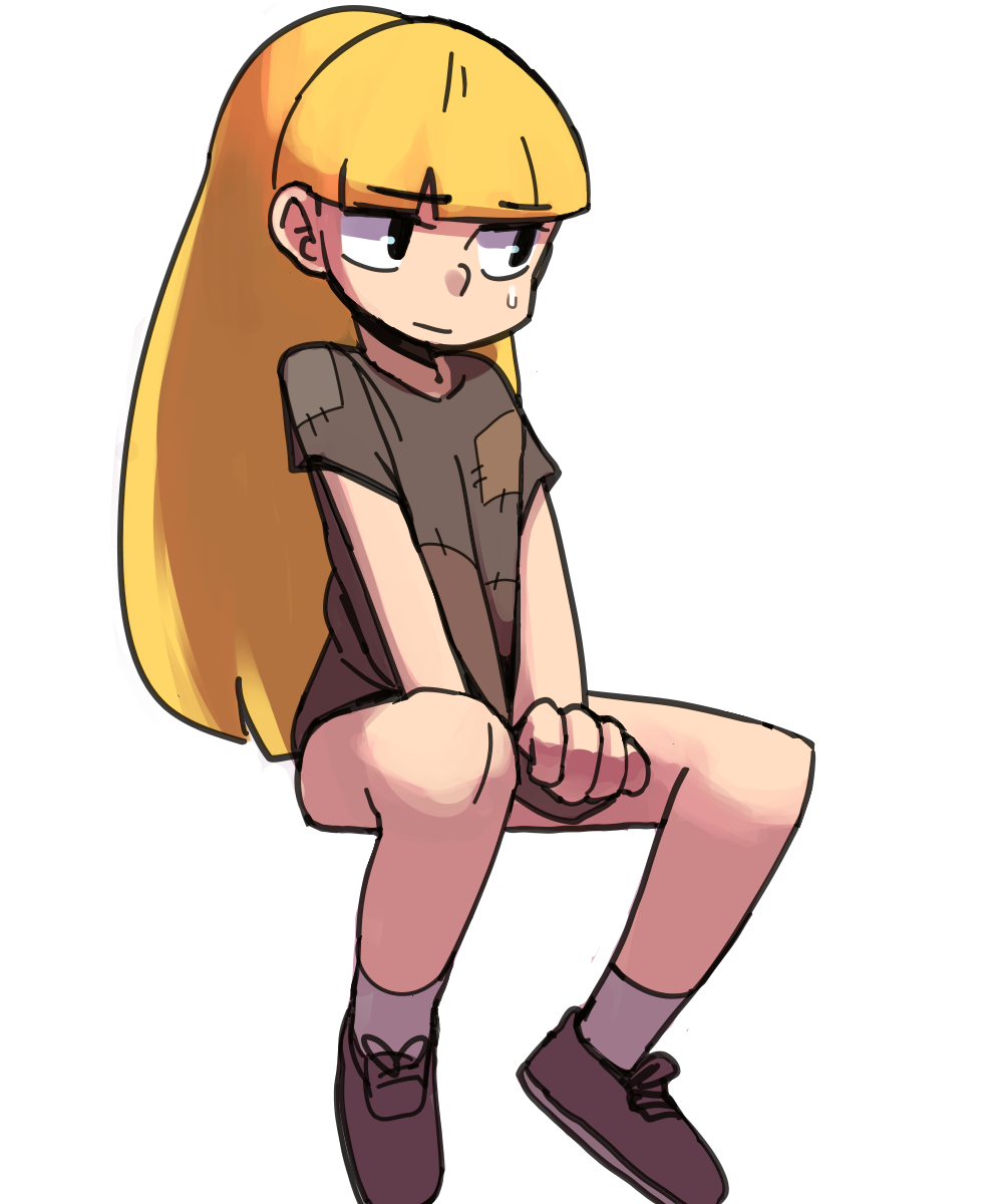 1girl artist_request blonde_hair bottomless covering gravity_falls pacifica_northwest patches shoes solo sweatdrop