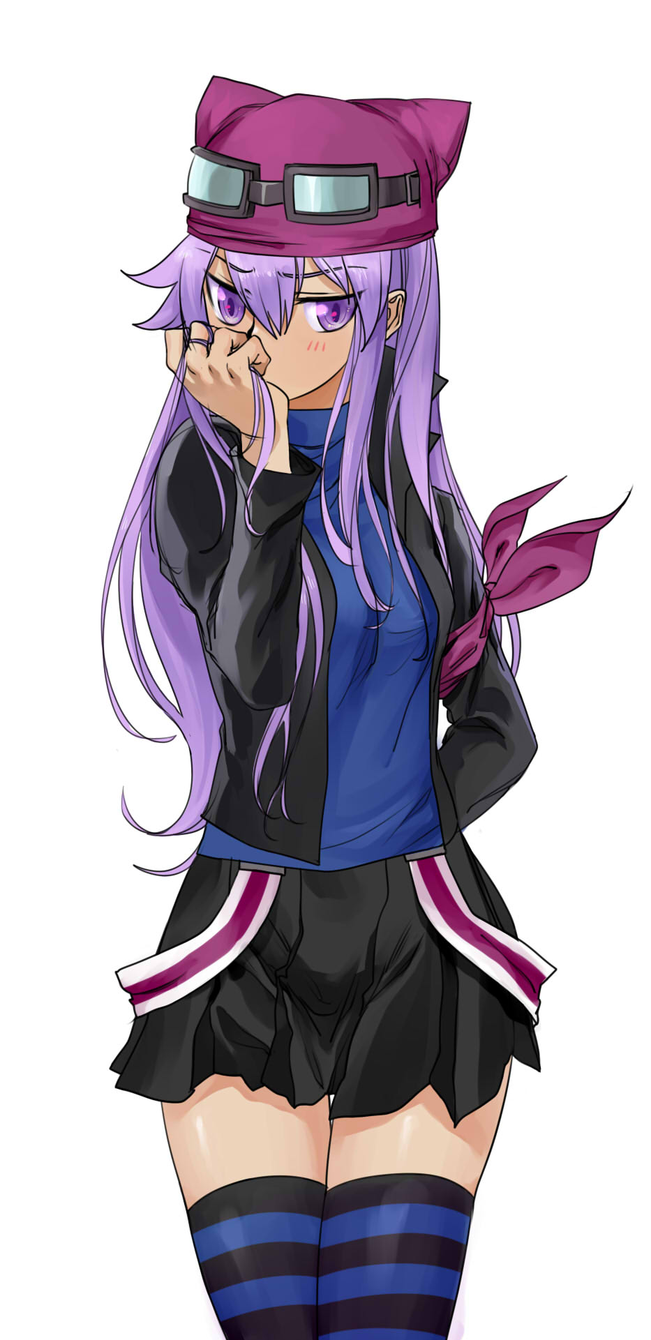 1girl bandai digimon digimon_story:_cyber_sleuth digimon_story:_sunburst_and_moonlight goggles goggles_on_hat goggles_on_head hat jacket purple_hair purple_hat sayo_(digimon) shirt violet_eyes