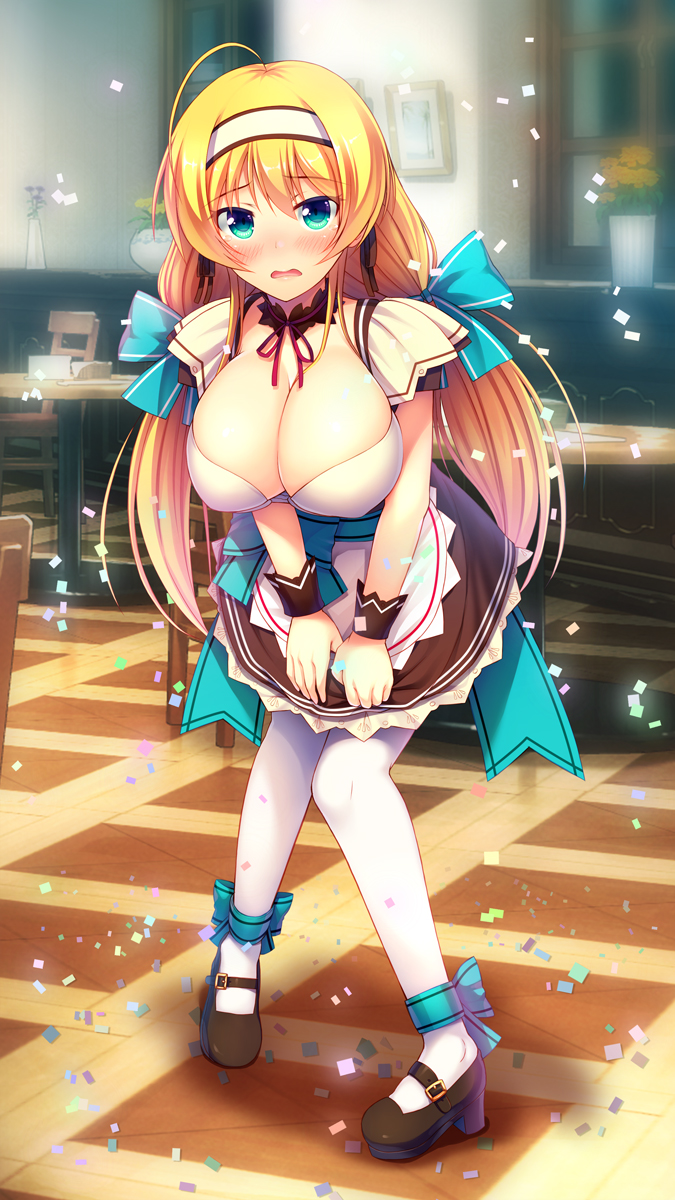 1girl ahoge apron aqua_eyes bar blonde_hair blush breasts cleavage embarrassed female full_body hair_ornament hair_ribbon hairband high_heels highres huge_breasts leaning_forward long_hair looking_at_viewer miniskirt noukatu open_mouth pantyhose ribbon shoes shy skirt skirt_tug solo standing waitress