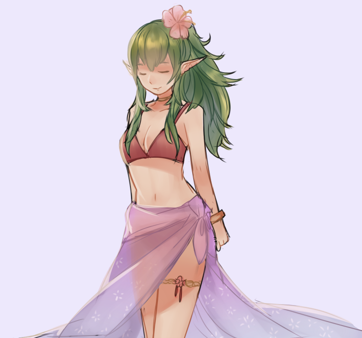 1girl bikini bikini_top chiki closed_eyes fire_emblem fire_emblem:_kakusei green_hair llicornia navel pointy_ears sarong solo stomach swimsuit thigh_strap