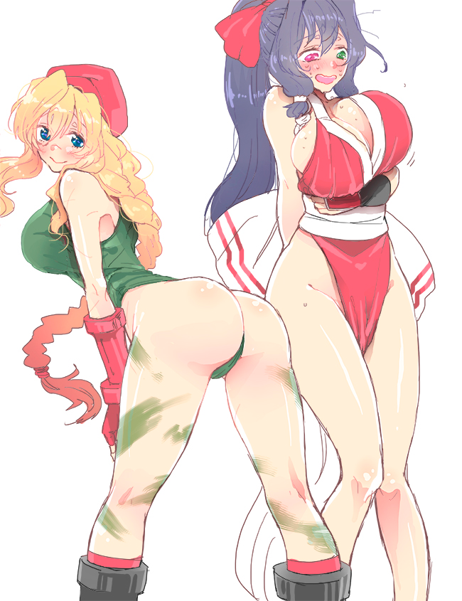 2girls asama_tomo ass bent_over beret black_hair blonde_hair blue_eyes blush bouncing_breasts braid breast_hold breasts cammy_white cammy_white_(cosplay) cleavage cosplay cowboy_shot elbow_gloves embarrassed female fingerless_gloves full-face_blush gloves green_eyes groin hair_ribbon hat heterochromia highleg highleg_leotard hjm huge_breasts king_of_fighters kyoukaisenjou_no_horizon large_breasts legs leotard long_hair looking_at_viewer looking_back mary_stuart multiple_girls open_mouth pelvic_curtain ponytail red_eyes revealing_clothes ribbon sash shiranui_mai shiranui_mai_(cosplay) sidelocks single_braid smile standing street_fighter the_king_of_fighters thighs thong_leotard unaligned_breasts white_background