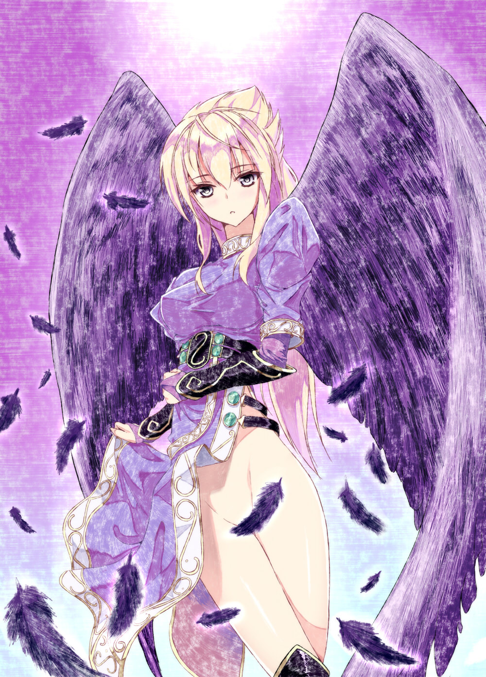 1girl angel_wings aramachi black_wings blonde_hair blush boots breasts breath_of_fire breath_of_fire_ii bridal_gauntlets censored convenient_censoring dress dress_lift feathers female green_eyes groin highres knee_boots large_breasts large_wings legs long_hair long_legs nina_(breath_of_fire_ii) no_panties side_slit sidelocks solo thigh-highs thigh_boots thighs wings